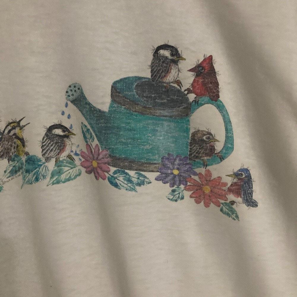 Vtg USA Made Birds Spring Flowers Shirt Womens L Single Stitch Art FOTL Tee - Picture 3 of 10